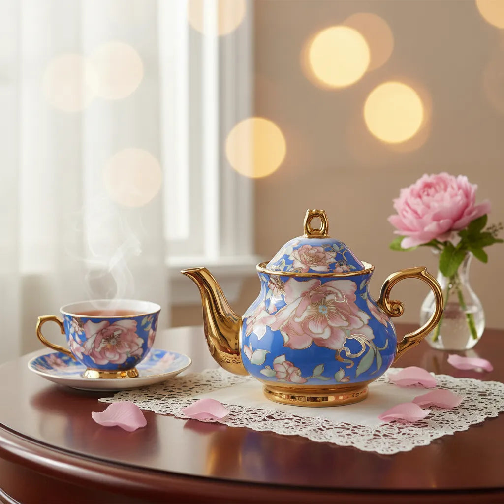 Théière Anglaise en Porcelaine 900ml – Fleurs Dorées sur Bleu Royal