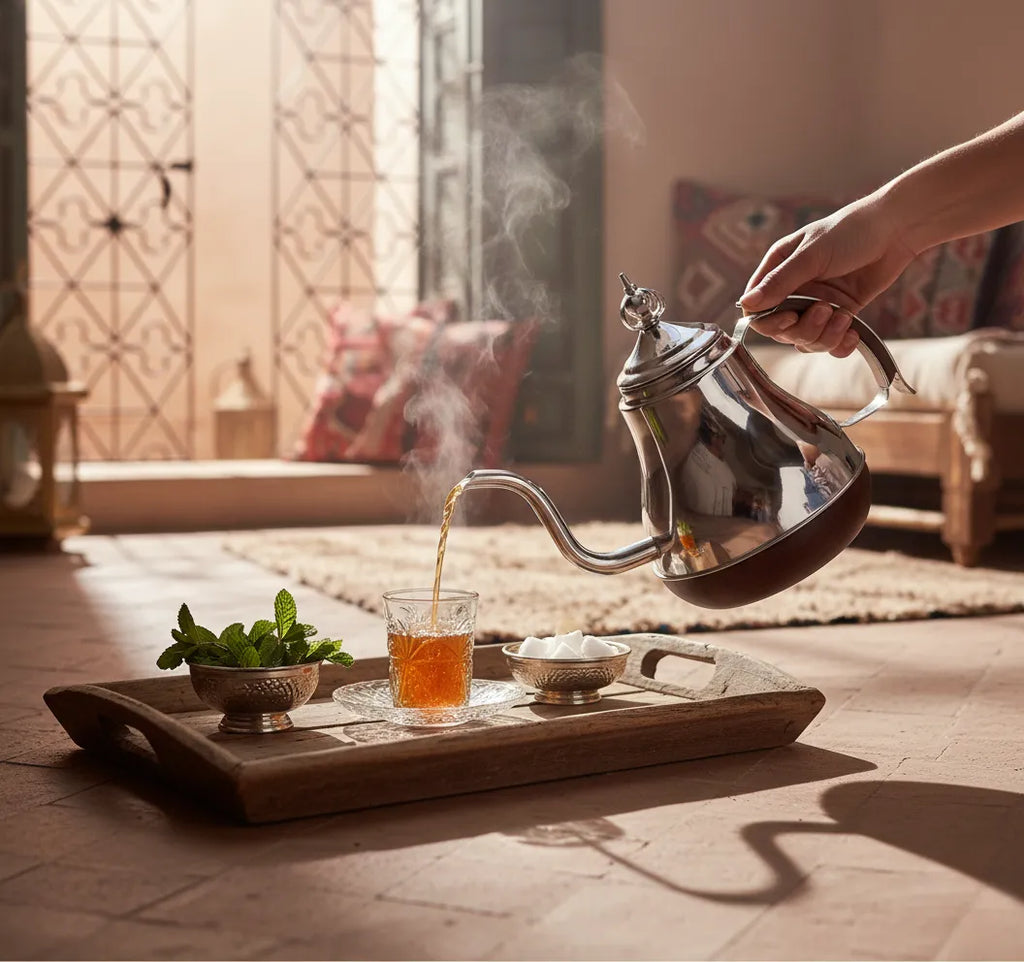 Théière Marocaine Traditionnelle en Inox Poli – Argent & Or – 1,2 L / 1,8 L