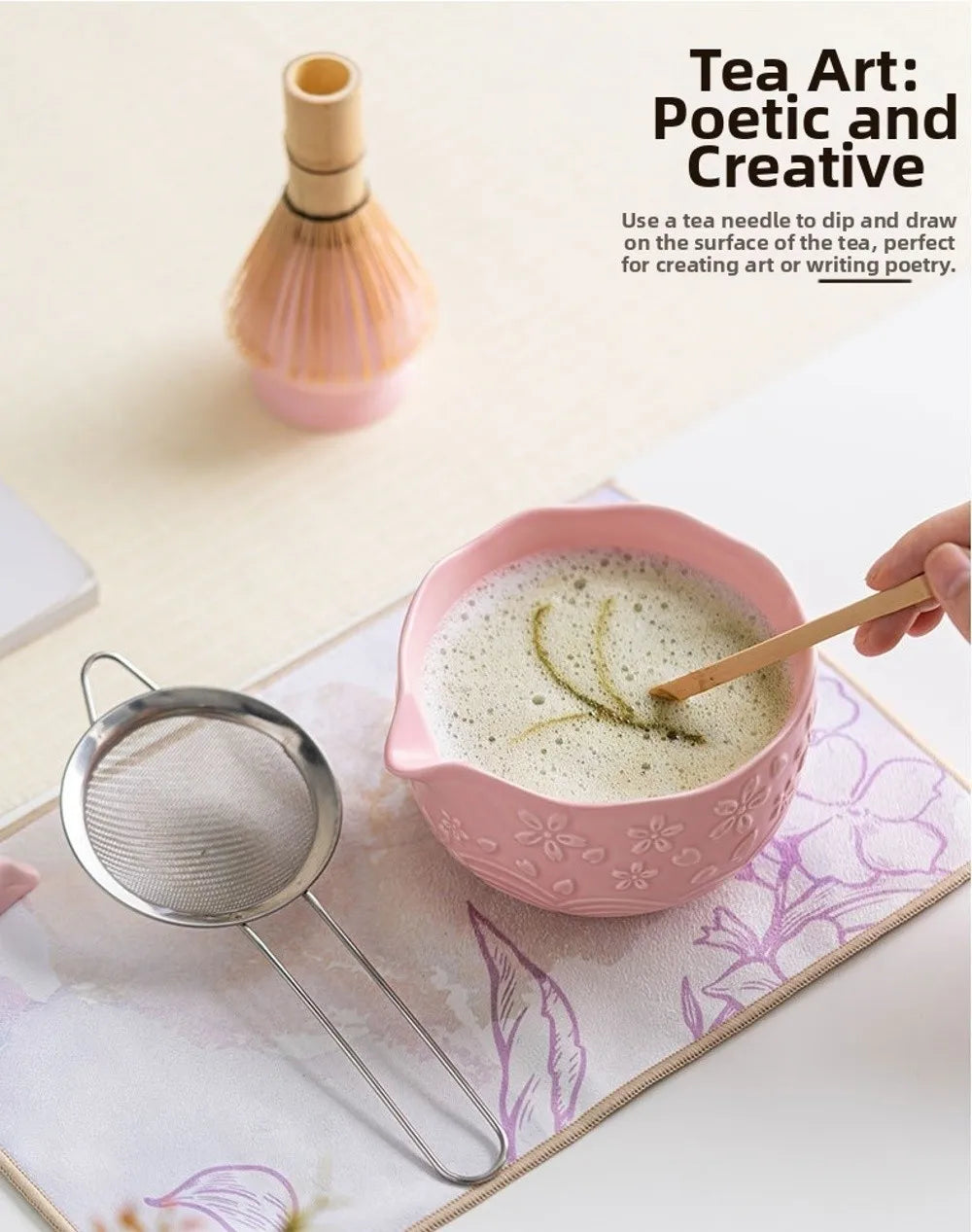 Set Matcha Fleur Sakura – Bol en Céramique Sculptée & Ustensiles Traditionnels