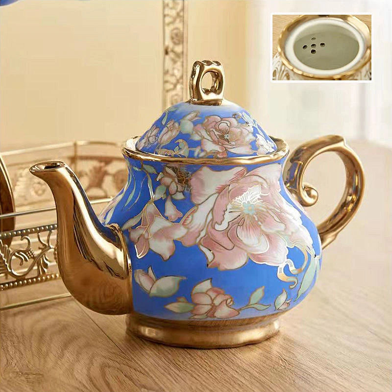 Théière Anglaise en Porcelaine 900ml – Fleurs Dorées sur Bleu Royal