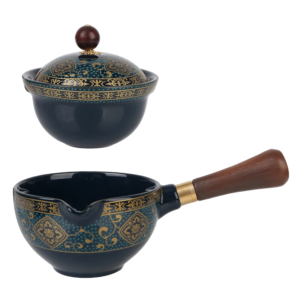 Service à Thé Chinois en Porcelaine & Bois - Set de Gongfu Cha Rotatif 360°