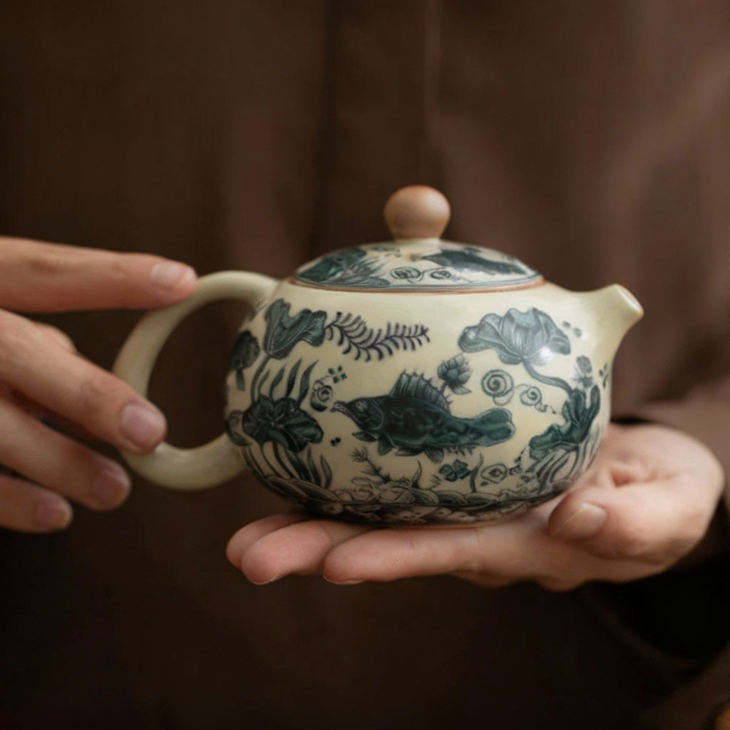 Théière Chinoise en Porcelaine Blanc Cassé Motifs Bleu Indigo 230 ml