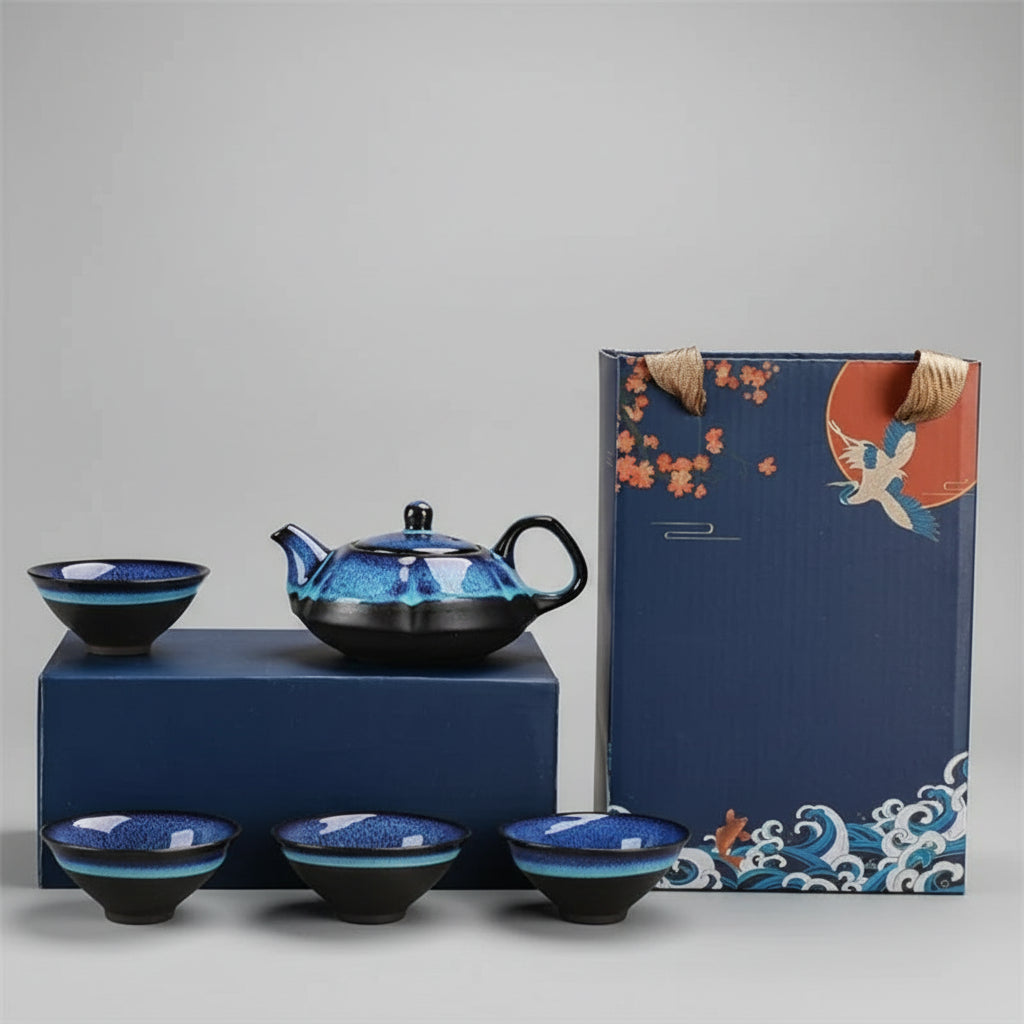 Service à Thé en Céramique – Four Jun Bleu Impérial (5 pièces)