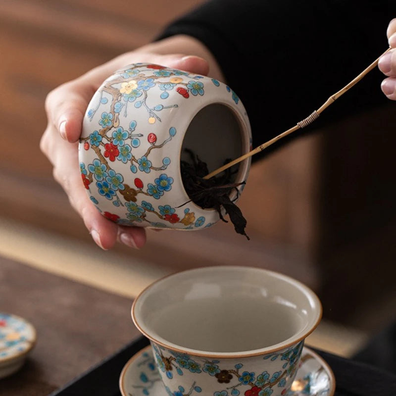 Boîte à thé japonaise en céramique – Motifs fleuris