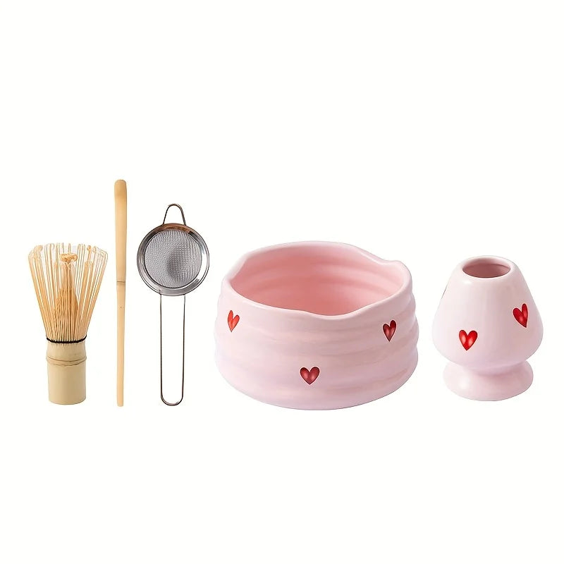 Set Matcha Rose Cœur – Bol en Céramique & Ustensiles en Bambou (Kit Complet)