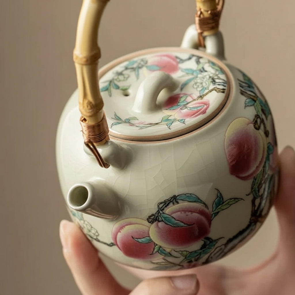 Théière Chinoise en Porcelaine Motif Pêches & Poignée Bambou – 210 ml