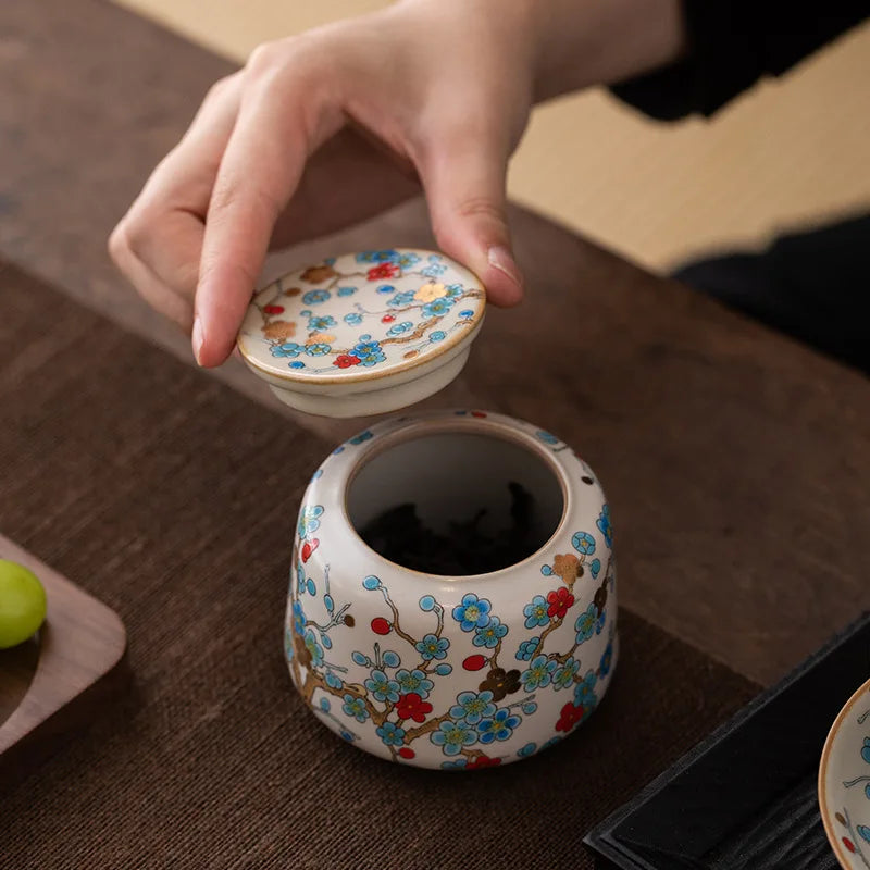 Boîte à thé japonaise en céramique – Motifs fleuris