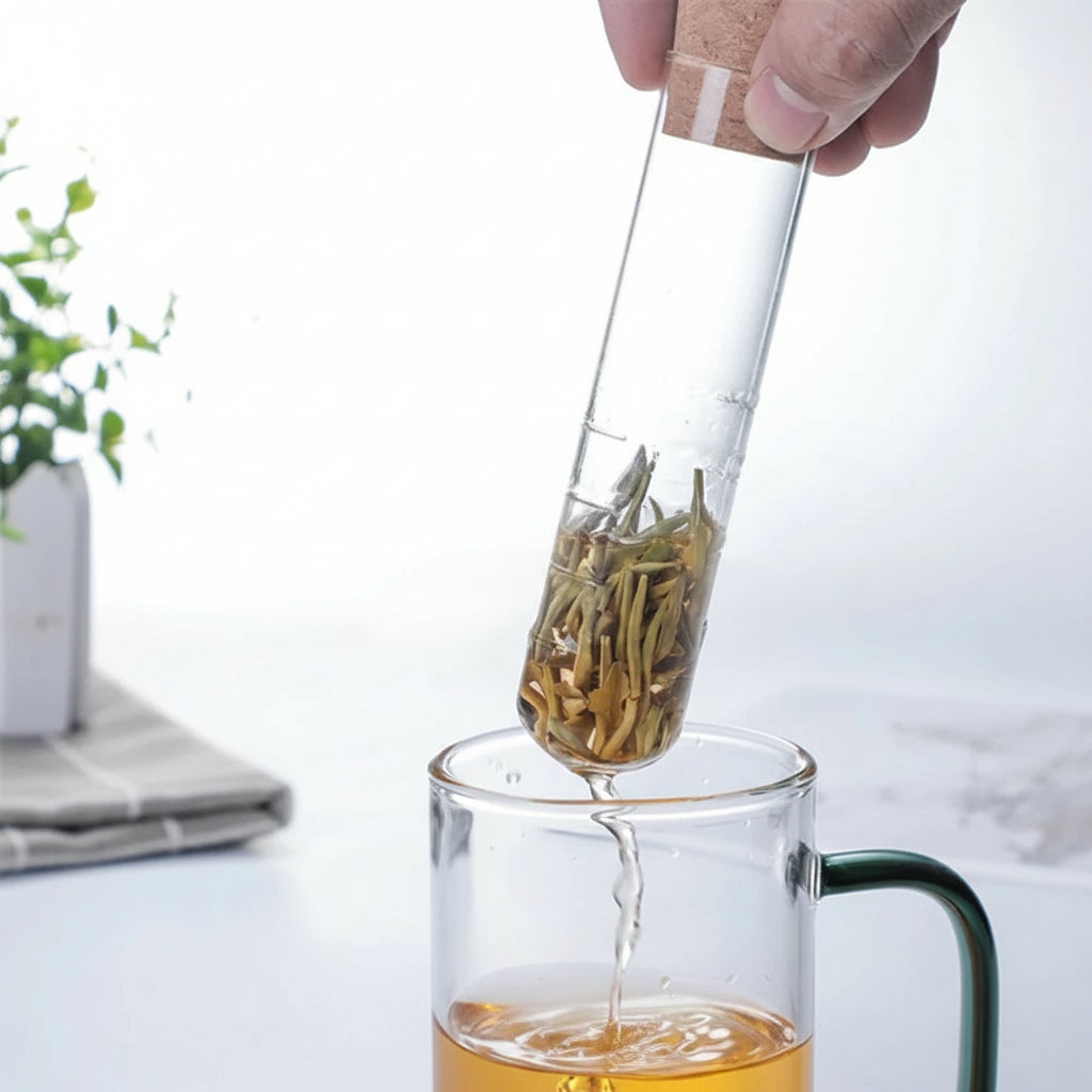 Filtre à thé en tube de verre & bouchon bois