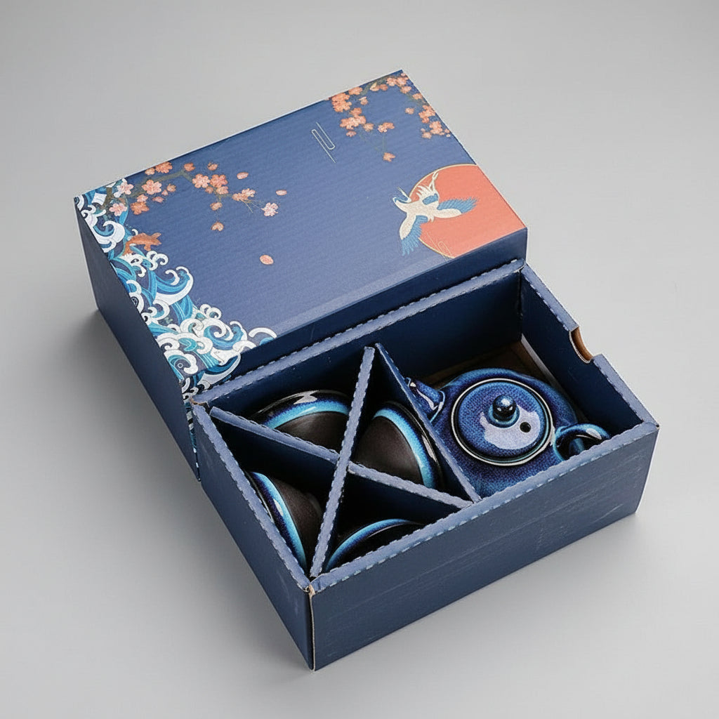 Service à Thé en Céramique – Four Jun Bleu Impérial (5 pièces)