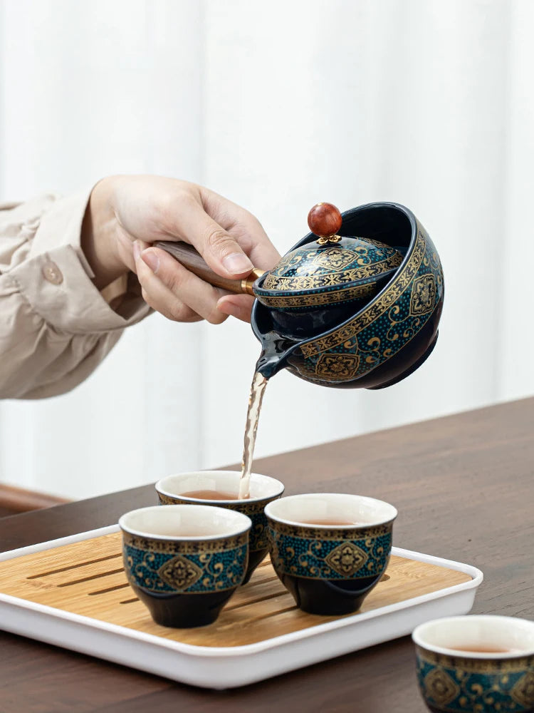 Service à Thé Chinois en Porcelaine & Bois - Set de Gongfu Cha Rotatif 360°