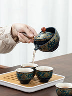 Service à Thé Chinois en Porcelaine & Bois - Set de Gongfu Cha Rotatif 360°