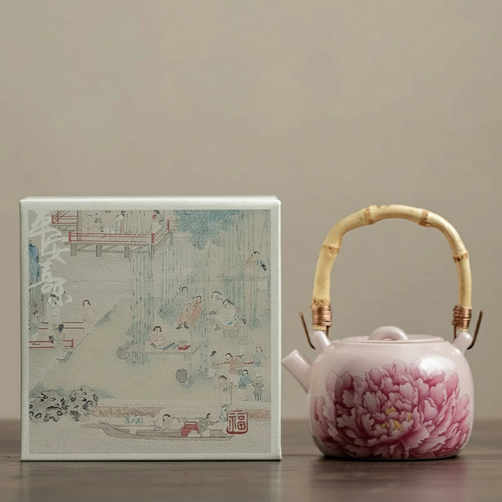 Théière Chinoise en Porcelaine Émaillée Poignée Bambou – Pivoine Rose 230 ml