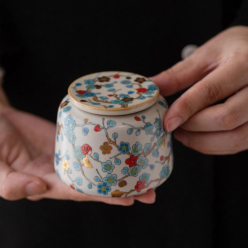 Boîte à thé japonaise en céramique – Motifs fleuris