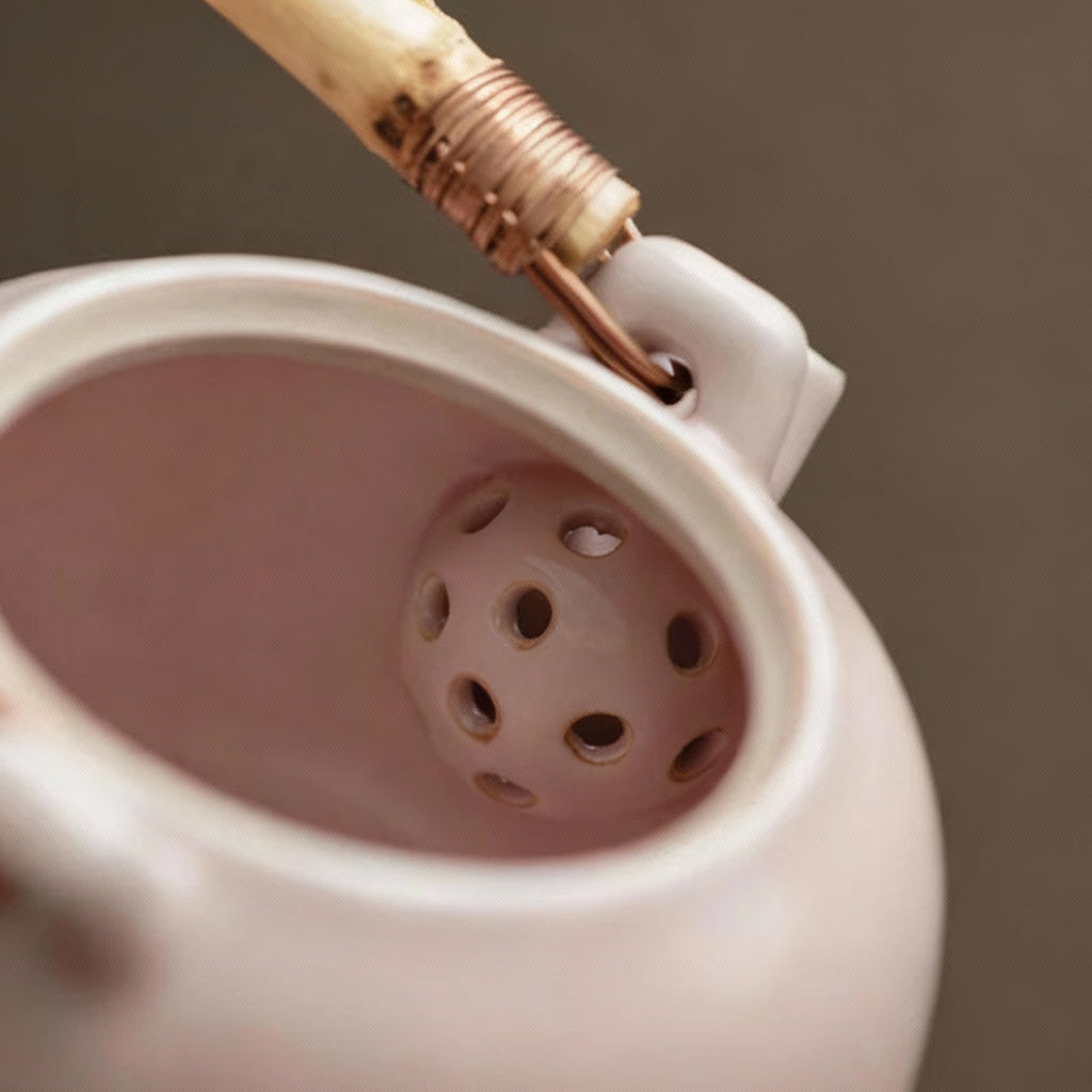 Théière Chinoise en Porcelaine Émaillée Poignée Bambou – Pivoine Rose 230 ml