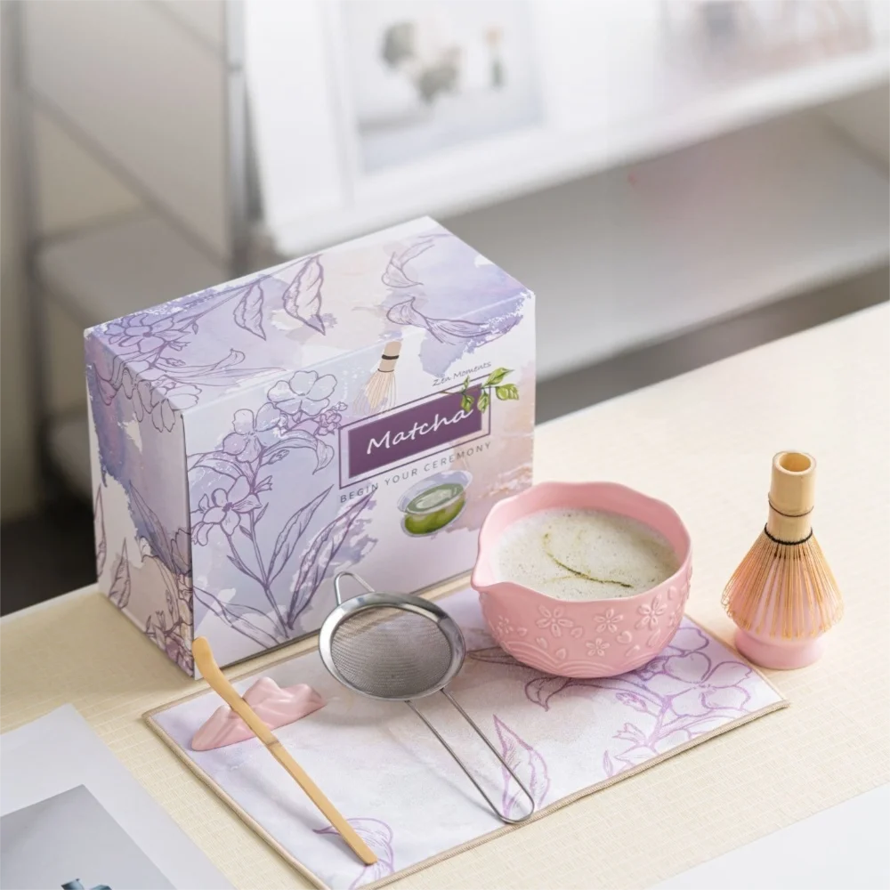 Set Matcha Fleur Sakura – Bol en Céramique Sculptée & Ustensiles Traditionnels