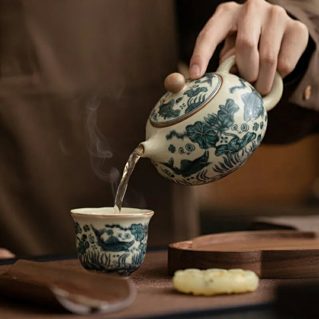 Théière Chinoise en Porcelaine Blanc Cassé Motifs Bleu Indigo 230 ml