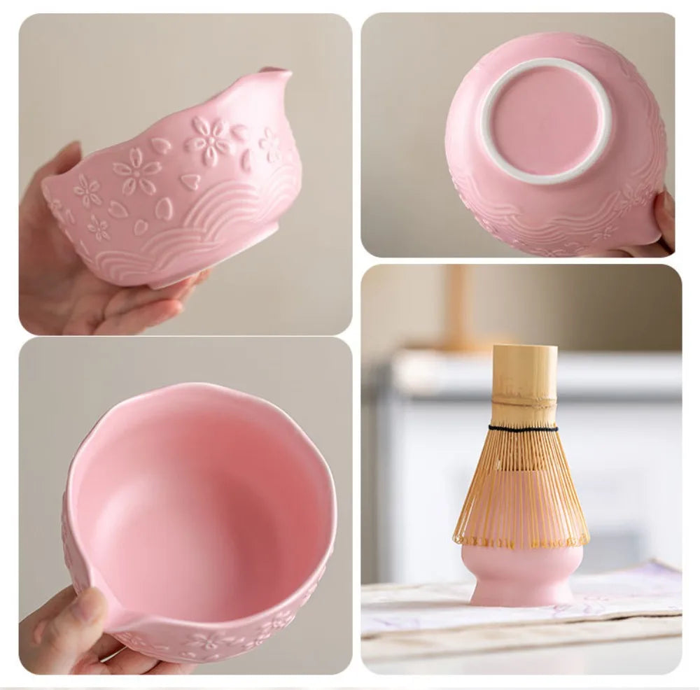 Set Matcha Sakura – Bol en Céramique Sculptée & Ustensiles Traditionnels (4 Pièces)