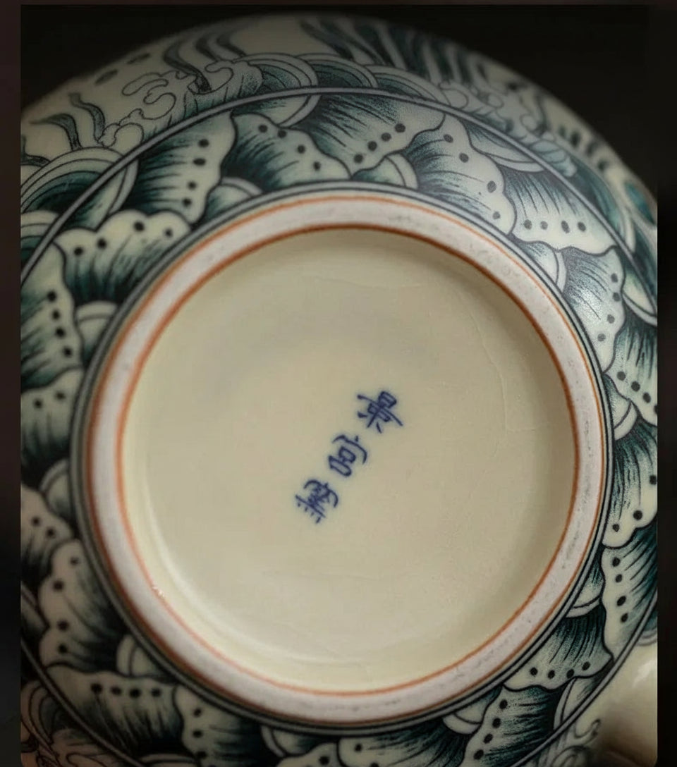 Théière Chinoise en Porcelaine Blanc Cassé Motifs Bleu Indigo 230 ml