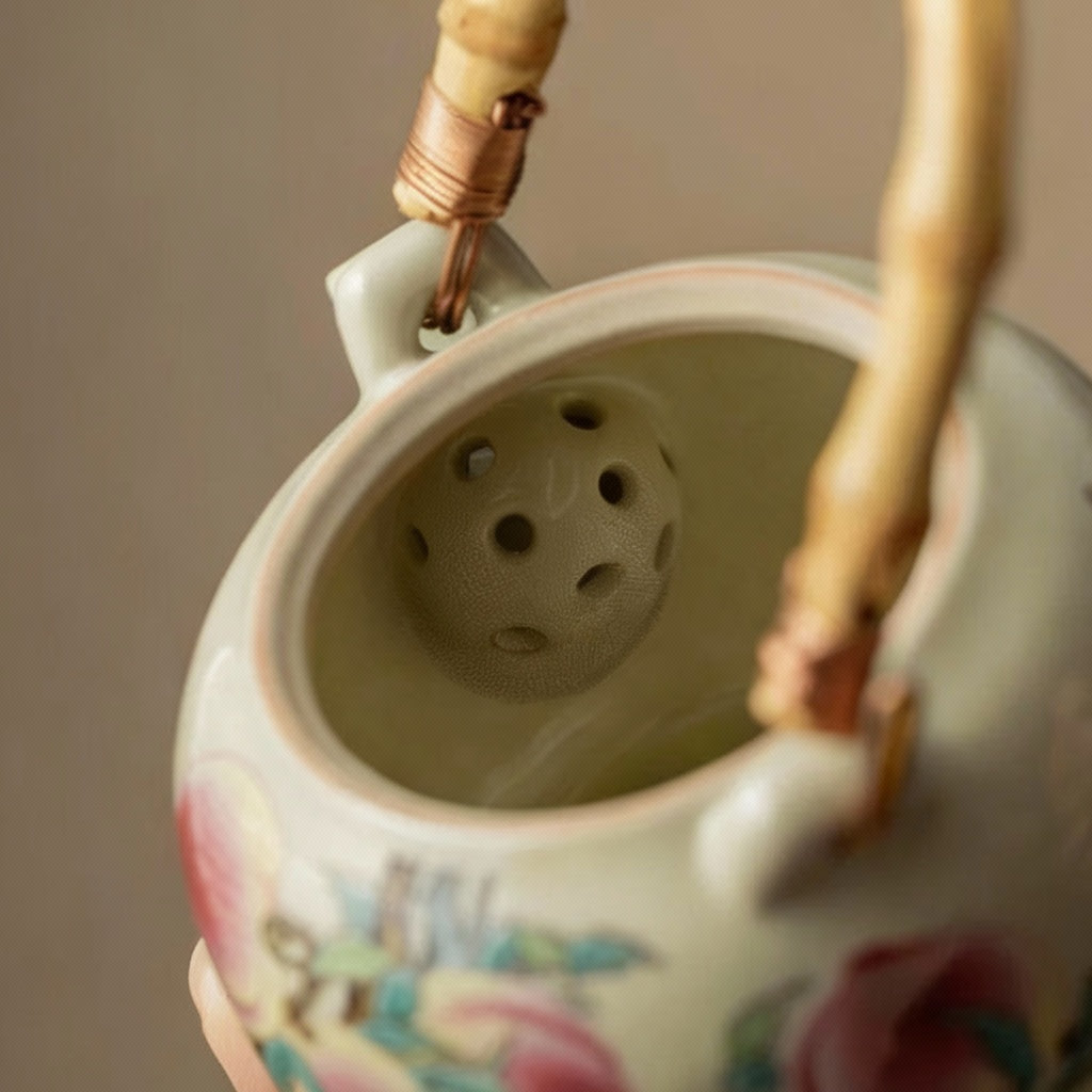 Théière Chinoise en Porcelaine Motif Pêches & Poignée Bambou – 210 ml