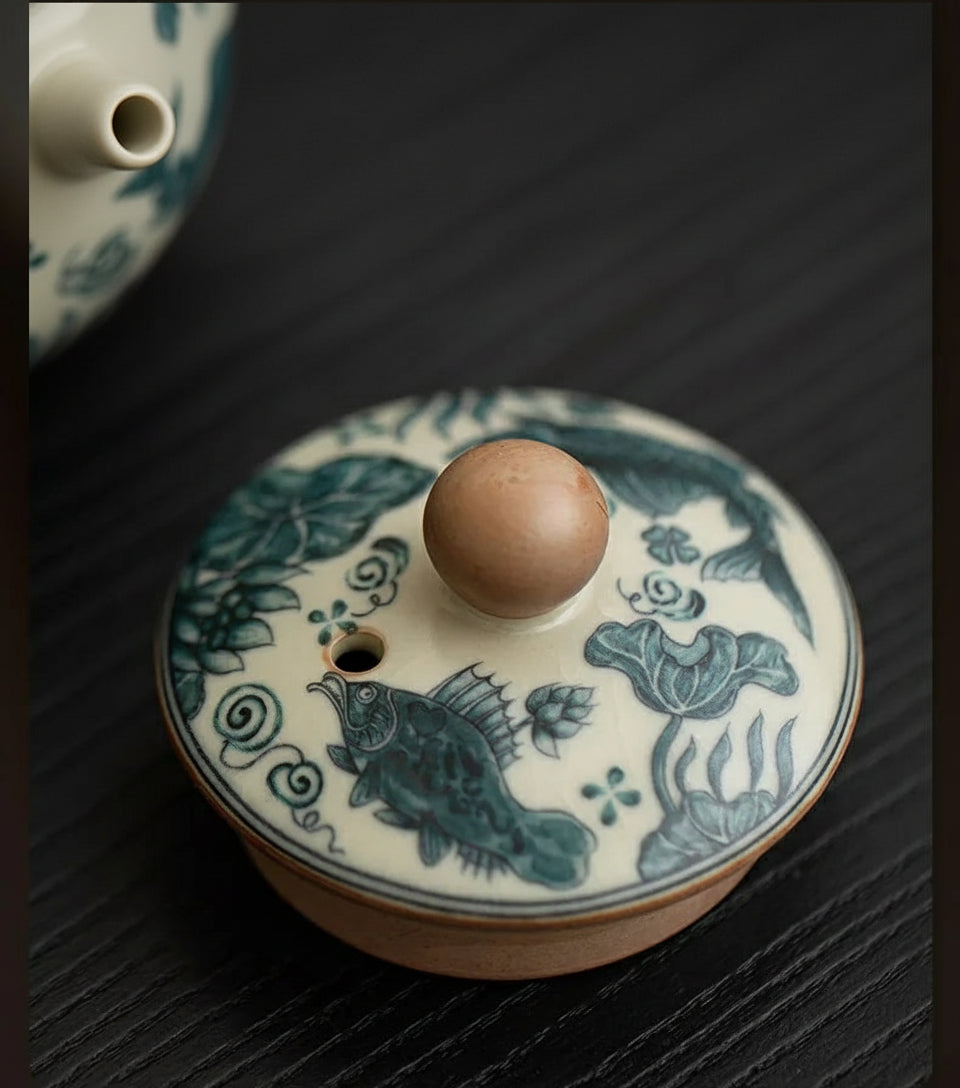 Théière Chinoise en Porcelaine Blanc Cassé Motifs Bleu Indigo 230 ml