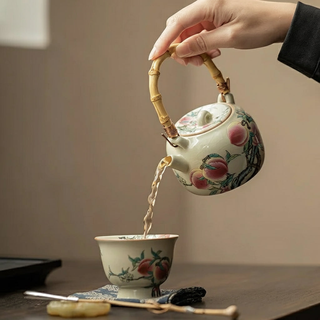 Théière Chinoise en Porcelaine Motif Pêches & Poignée Bambou – 210 ml
