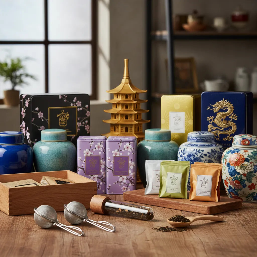 Sélection d’accessoires pour le thé comprenant boîtes à thé décoratives, infuseurs en inox et coffrets, présentés dans un univers harmonieux et raffiné.