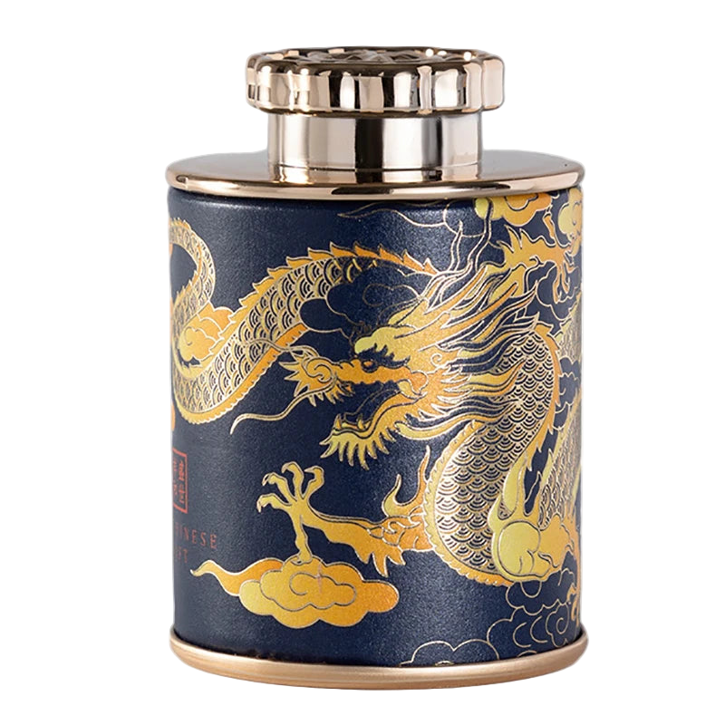 Boîte à thé chinoise motif dragon bleu en aluminium – Route du Thé 
