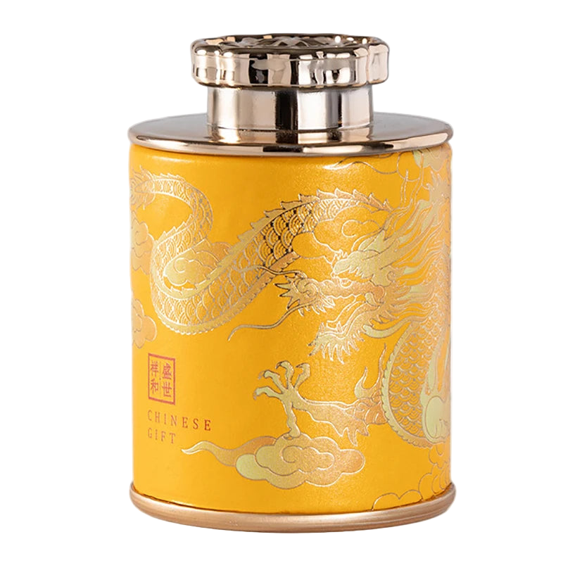 Boîte à thé chinoise motif dragon jaune en aluminium – Route du Thé 