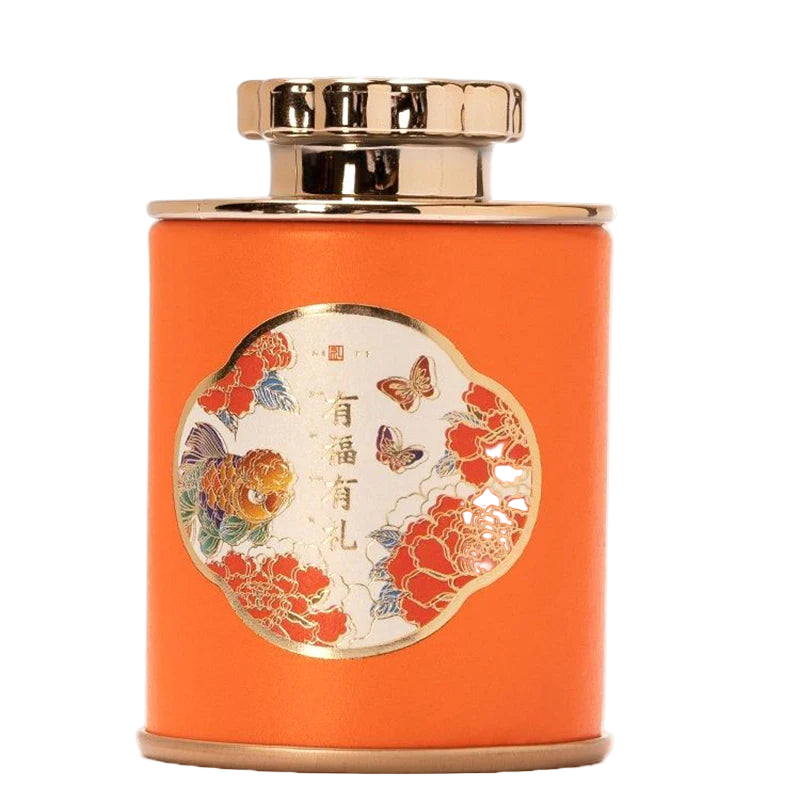 Boîte à thé chinoise en aluminium décor orange – Route du Thé