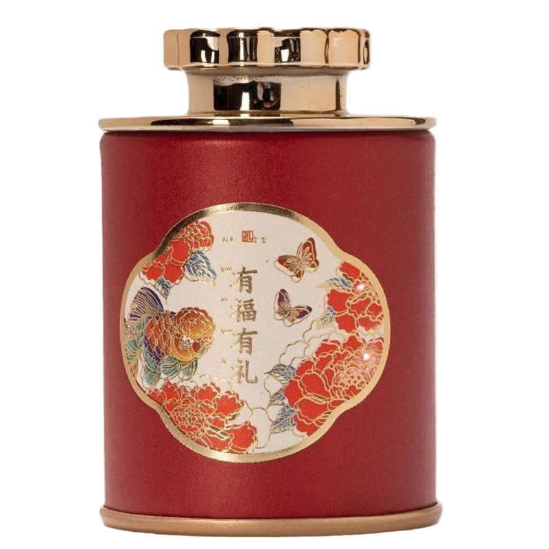 Boîte à thé chinoise en aluminium décor rouge – Route du Thé