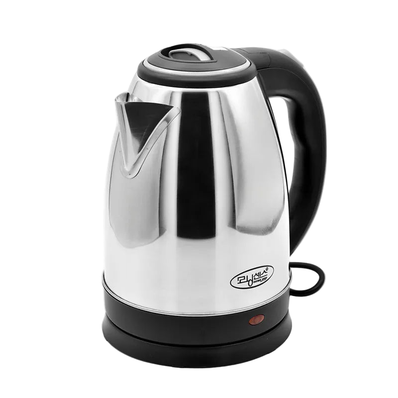 Bouilloire électrique en acier inoxydable 1,8L avec poignée noire et base rotative, modèle classique.