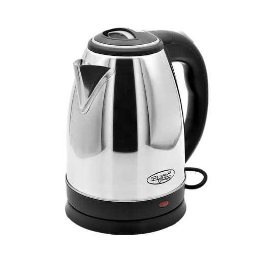 Bouilloire électrique en acier inoxydable 1,8L avec poignée noire et base rotative, modèle classique.