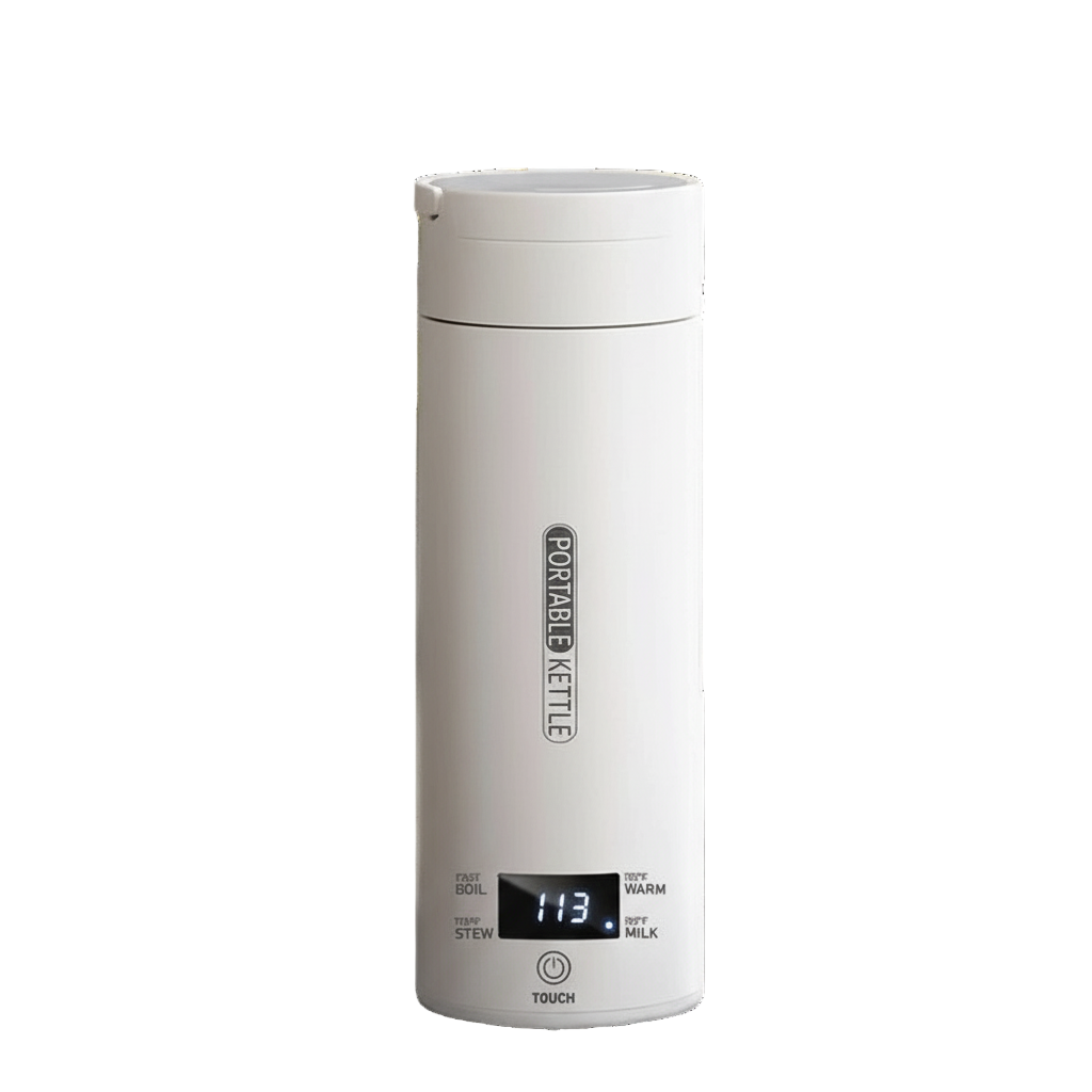 Bouilloire électrique portable 500 ml en inox avec affichage digital, modèle blanc, chauffe rapide.