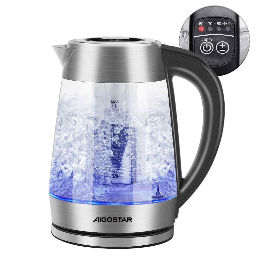 Bouilloire électrique en verre AIGOSTAR 1,7 L avec contrôle de température et LED colorée.