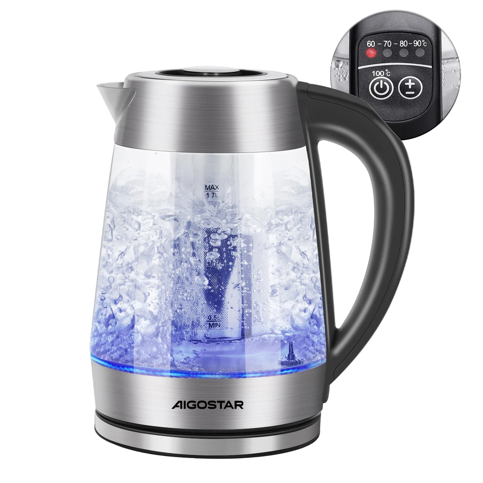 Bouilloire électrique en verre AIGOSTAR 1,7 L avec contrôle de température et LED colorée.