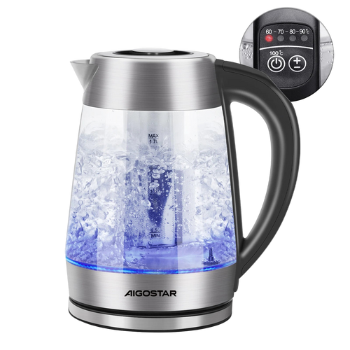 Bouilloire électrique en verre AIGOSTAR 1,7 L avec contrôle de température et LED colorée.