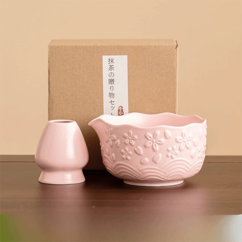 Duo matcha rose avec bol en céramique Sakura et porte-fouet assorti
