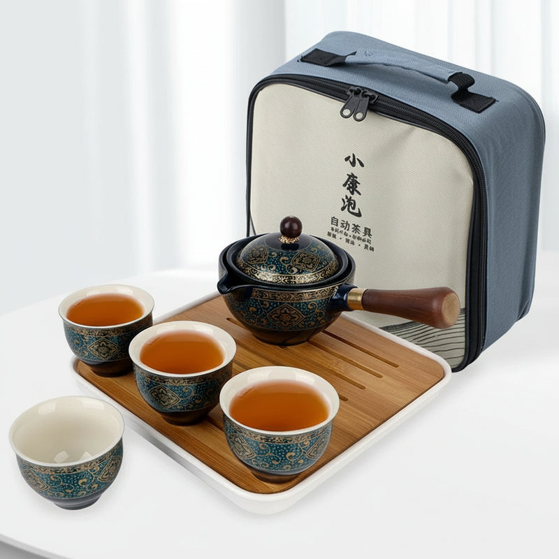 Service à thé chinois Gongfu rotatif 360° en porcelaine bleu doré