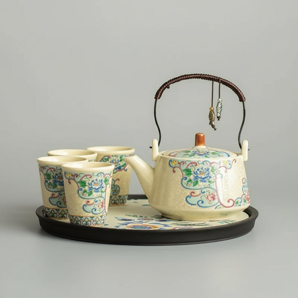 Service à thé en céramique peint à la main avec motifs de pivoines