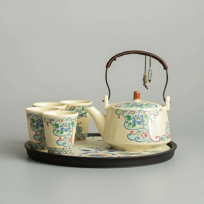 Service à thé en céramique peint à la main avec motifs de pivoines