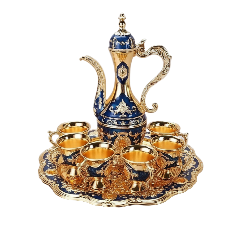 Service à thé oriental bleu et doré avec théière sculptée, 6 tasses et plateau décoratif.