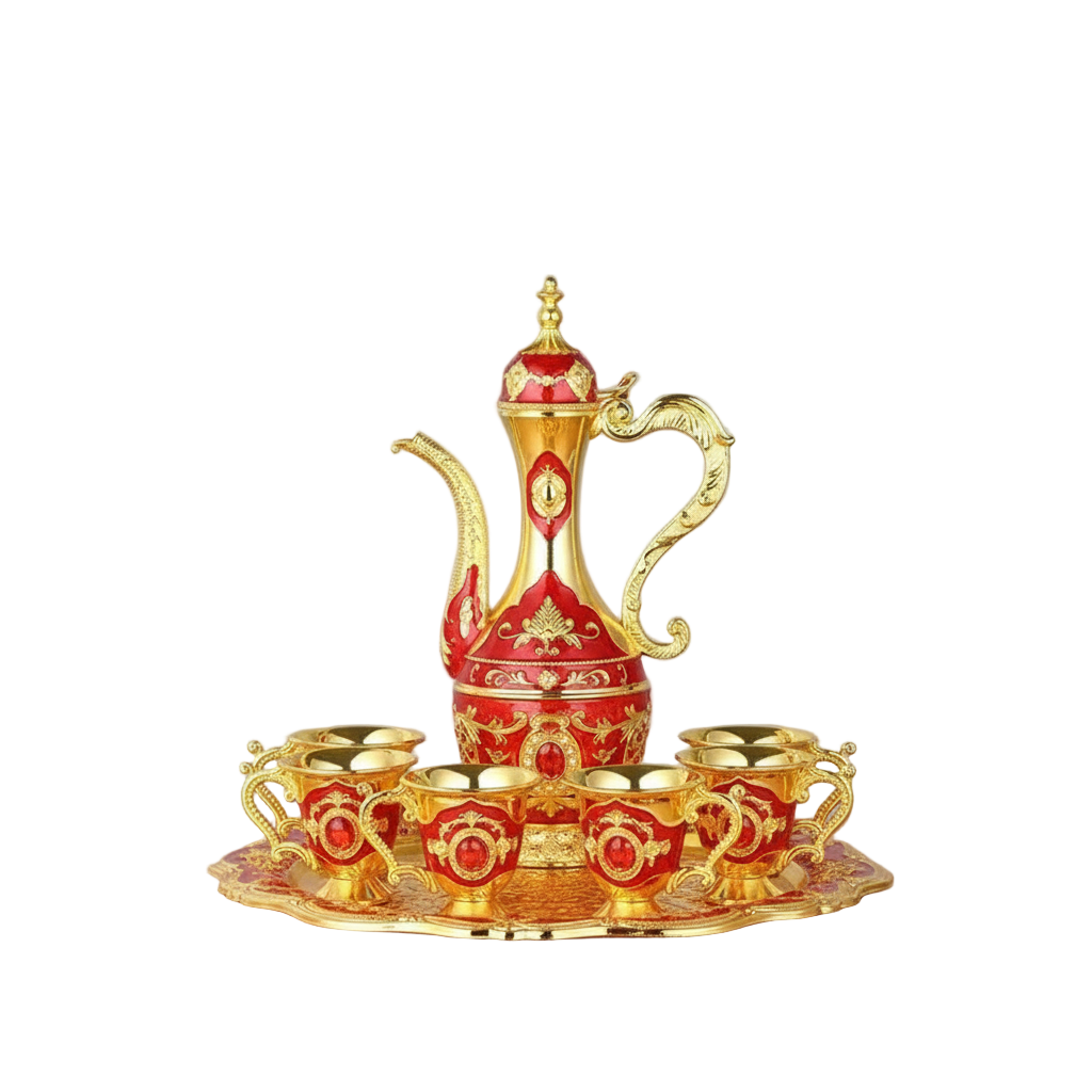 Service à thé oriental rouge et doré avec théière sculptée, 6 tasses et plateau décoratif.