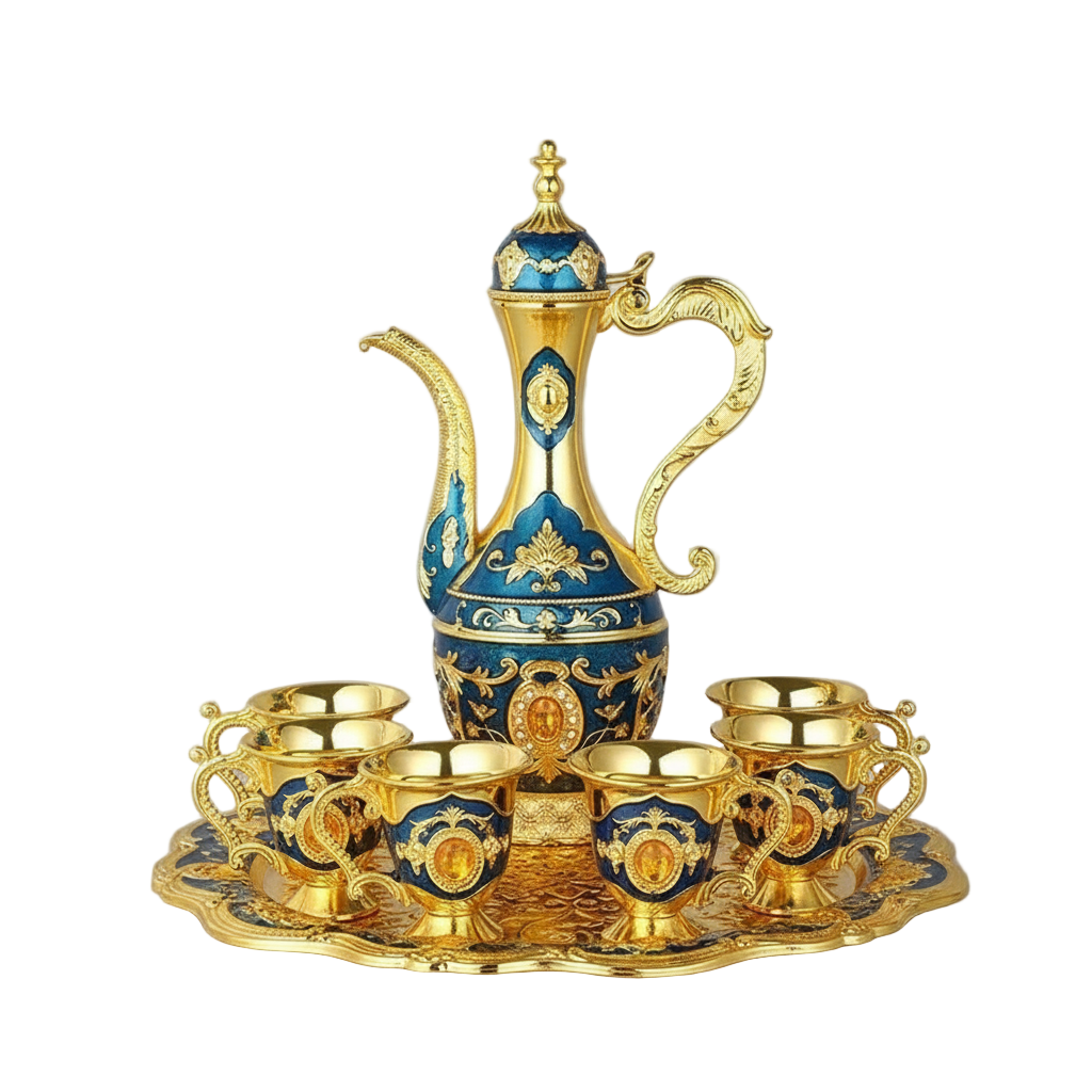 Service à thé oriental vert et doré avec théière sculptée, 6 tasses et plateau décoratif.