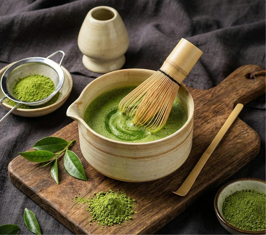 Set matcha japonais complet en bambou et céramique avec bol, fouet, cuillère et support