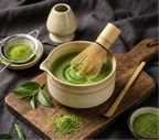 Set matcha japonais complet en bambou et céramique avec bol, fouet, cuillère et support