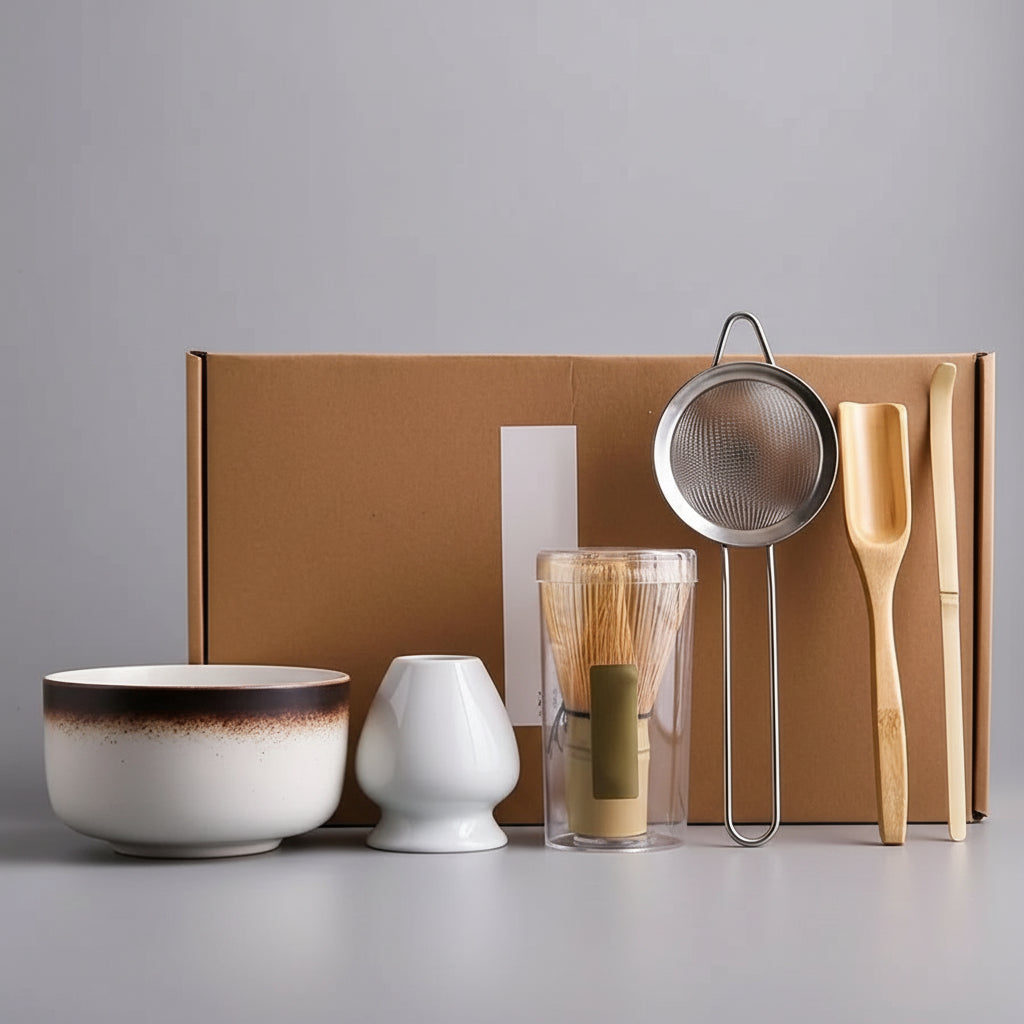 Set matcha blanc dégradé brun avec bol artisanal et accessoires complets pour préparation du matcha