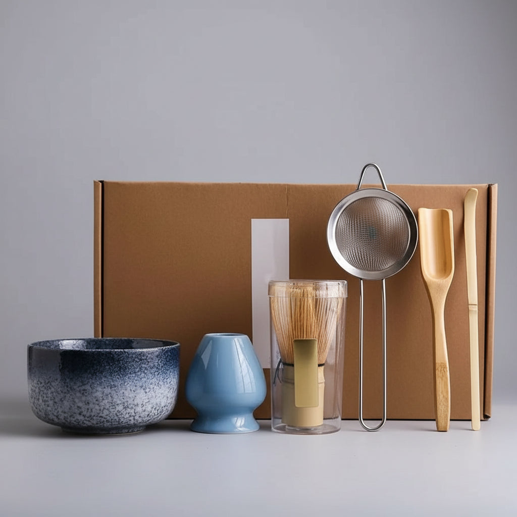 Set matcha bleu dégradé avec bol en céramique, fouet en bambou et ustensiles traditionnels