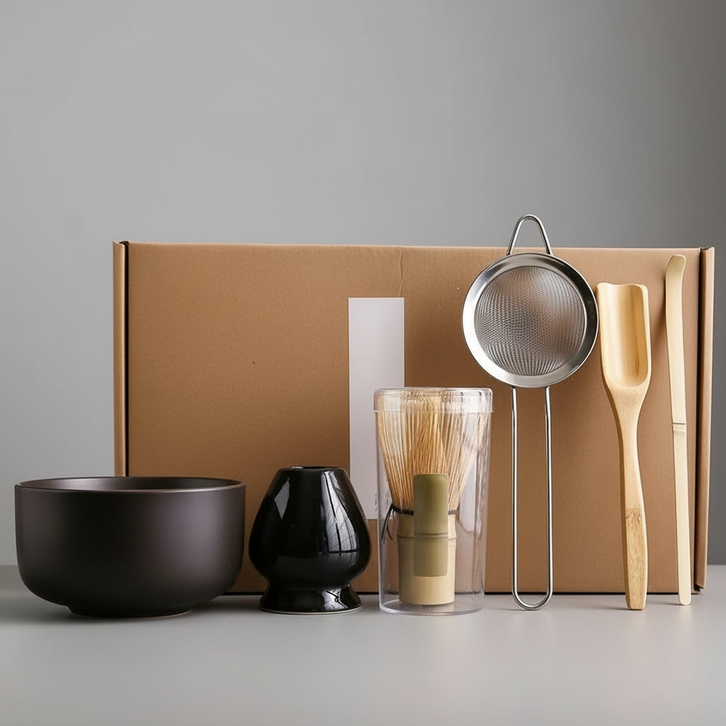 Set matcha brun avec chawan en céramique, fouet chasen et accessoires en bambou