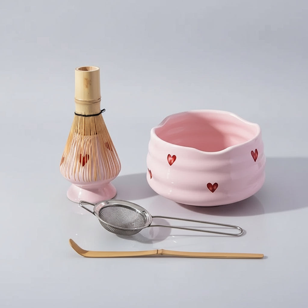 Set matcha rose avec bol en céramique à motifs cœur, fouet en bambou et ustensiles traditionnels