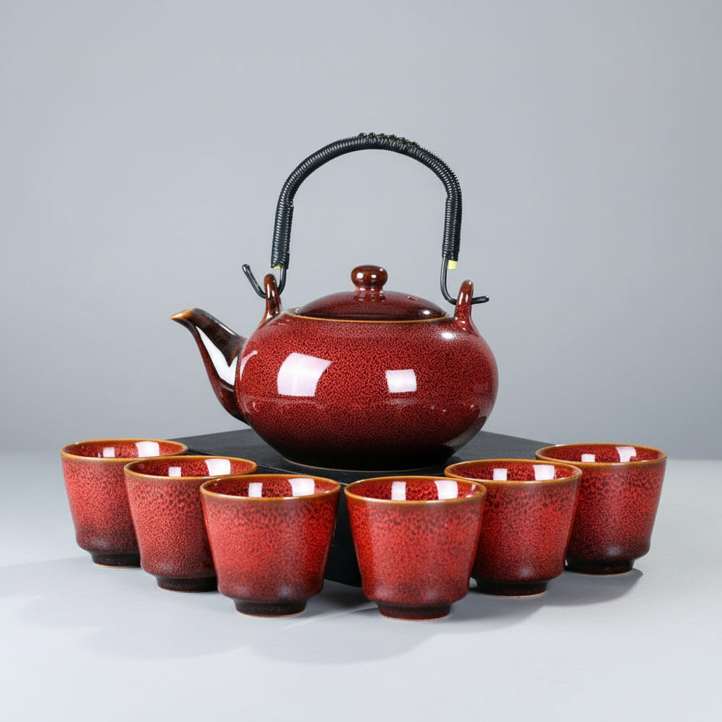 Service à thé rouge ocre artisanal – théière 700 ml